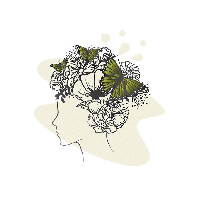 Logo of Empowering Minds Hypnotherapy and Talk Therapy featuring a stylized profile filled with a floral and butterfly motif in green and white, symbolizing transformation and growth.