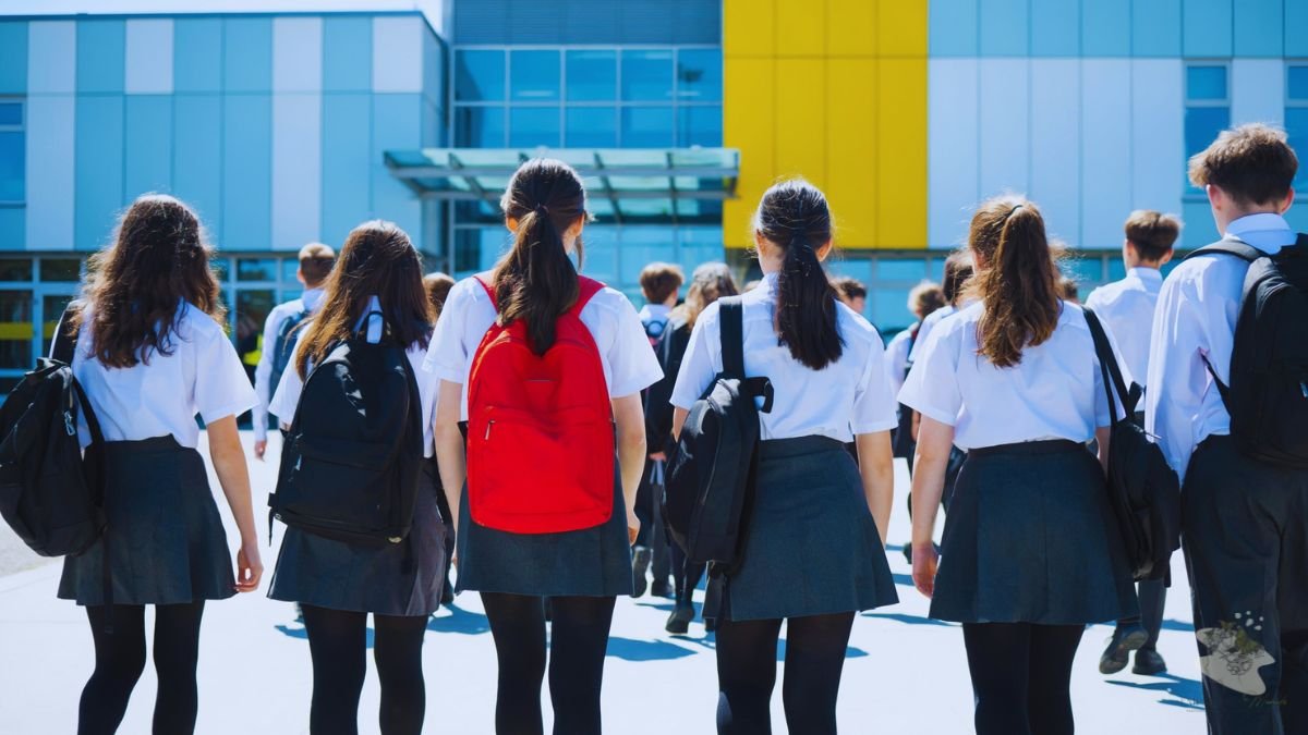 Secondary school pupils walking towards school with backpacks